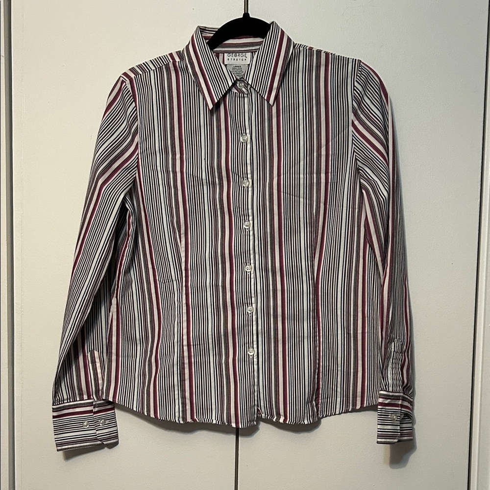 George Striped Button-Down Shirt in White, Black & Burgundy